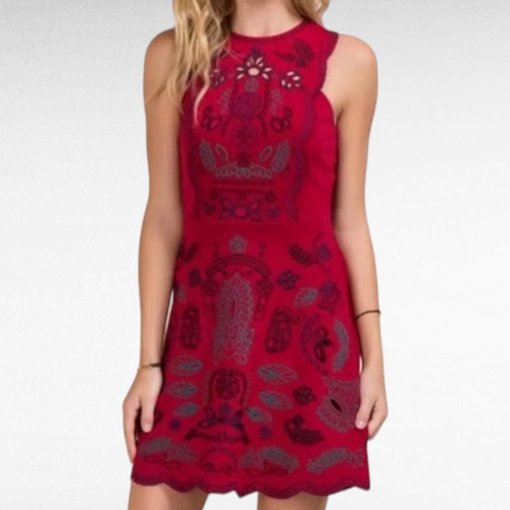 Francesca's Collections Red Embroidered Cutout Sleeveless Mini Dress Size Small